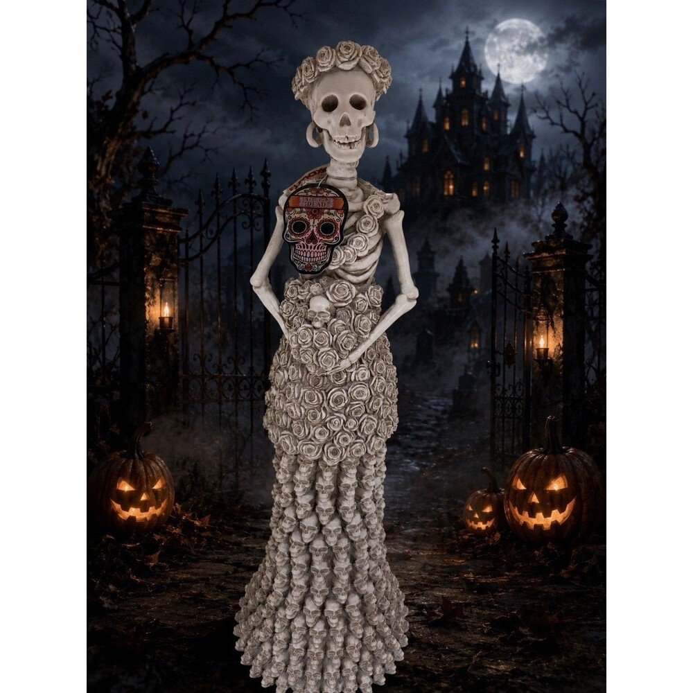 24” Day of the Dead Skeleton Bride Skull & Roses Statue Halloween Decor NWT